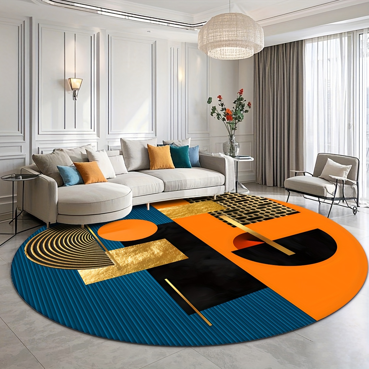 Printed Rug Abstract - Оранжево-синий золотой абстрактный геометрический роскошный круглый
